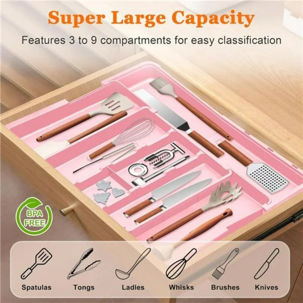Large expandable silverware drawer organizer utensil cutlery flatware tray holde